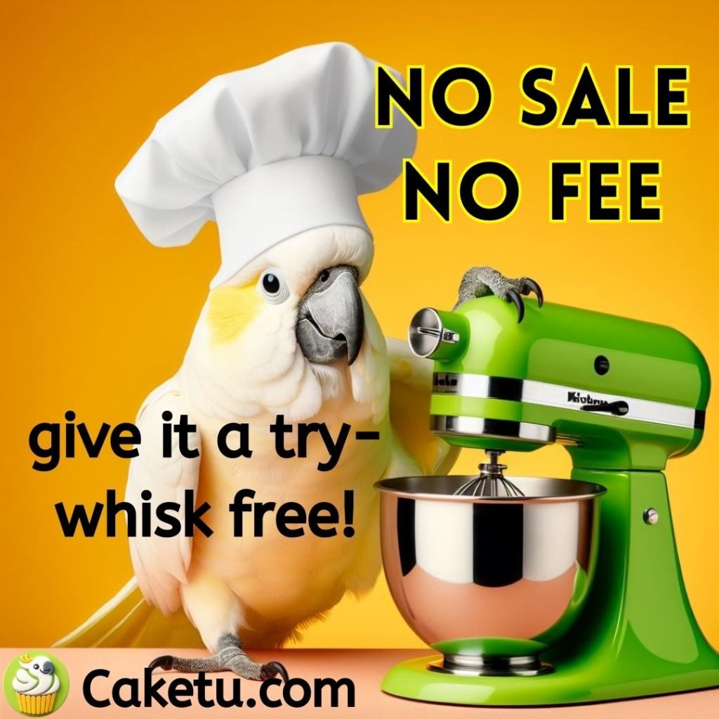 A cockatoo wearing a chef's hat is making cakes with a food mixer