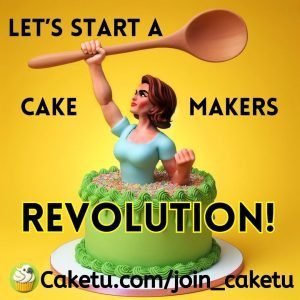 Cake with a strong looking woman rising out of the top of it in triumph, holding a wooden spoon aloft