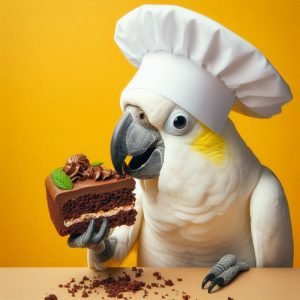A cockatoo wearing a chef's hat eating a big slab of chocolate cake