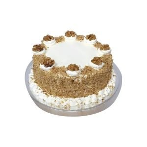 Carrot cake topped with walnuts
