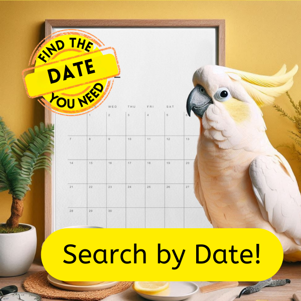 A cockatoo stood by a calendar