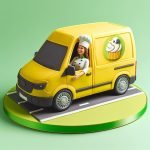 A yellow delivery van with Caketu logo