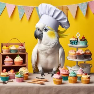 a sulphur-crested cockatoo in a chefs hat selling cupcakes from a market stall with bunting