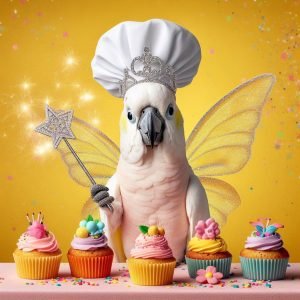 A Caketu cockatoo in a chefs hat wearing fairy wings and making magic happen with cupckaes