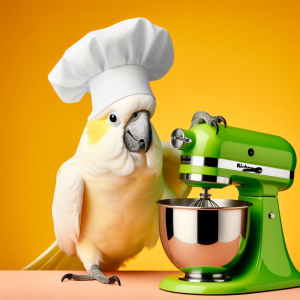 A Caketu Cockatoo in a chef's hat, stood by a food mixer