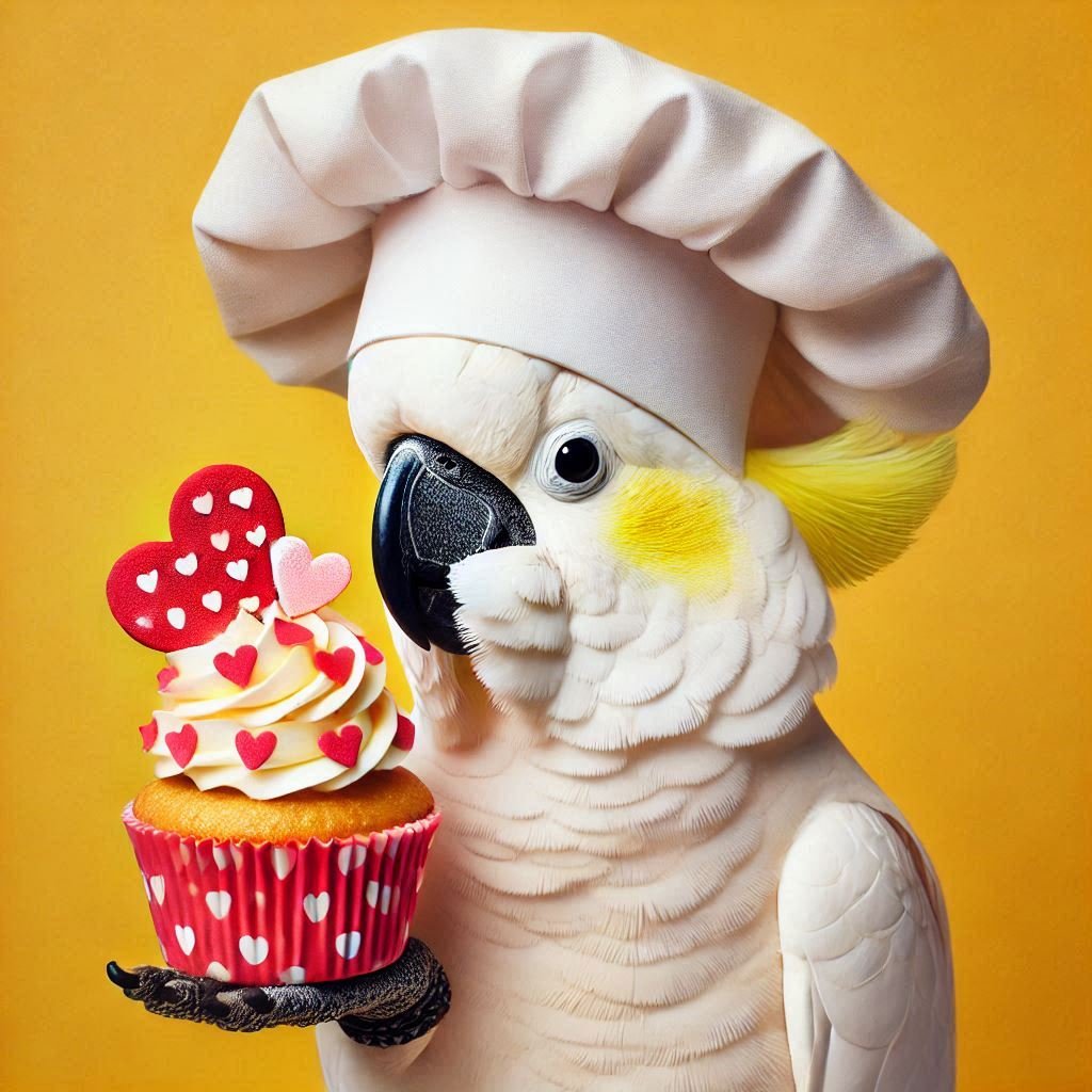 Caketu - A cockatoo holding a heart-themed cupcake