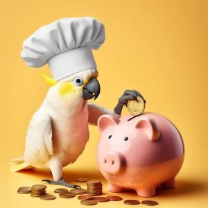 Caketu - Our Cockatoo in a chef's hat mascot, putting a coin in a piggy bank. Get your cakes online with Caketu.com!